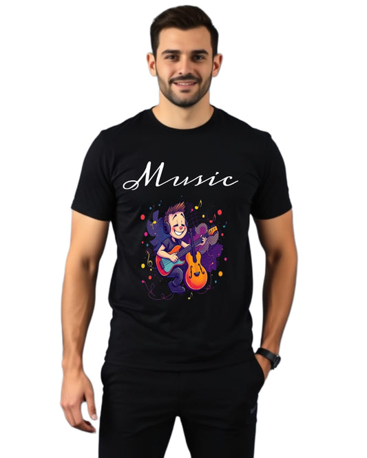 MUSIC LOVER  100% Pure Cotton Regular Fit 180 GSM Biowash Unisex Round Neck T-Shirt (100% Cotton, DTF Print)