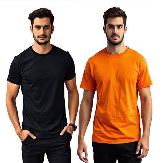 BLACK AND  ORANGE   180 GSM Biowash Unisex Round Neck plain  T-Shirt [100% Cotton, ] pack of 2