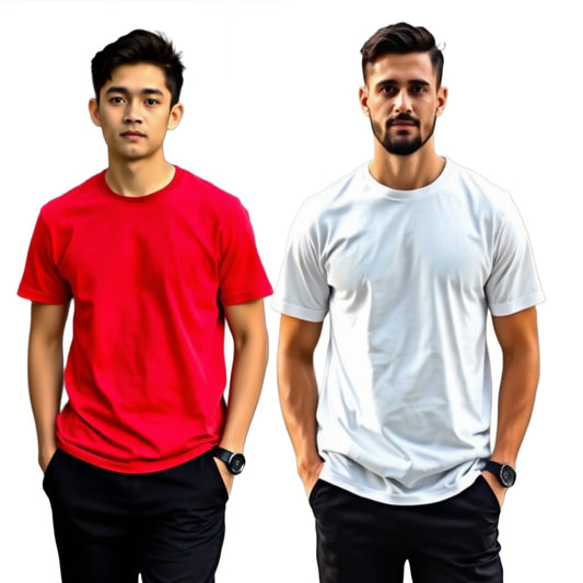 RED AND  WHITE  180 GSM Biowash Unisex Round Neck plain  T-Shirt [100% Cotton, ] pack of 2