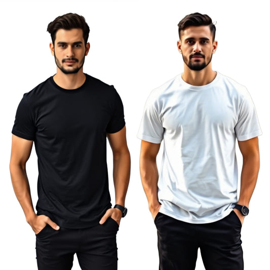 BLACK AND  WHITE  180 GSM Biowash Unisex Round Neck plain  T-Shirt [100% Cotton, ] pack of 2