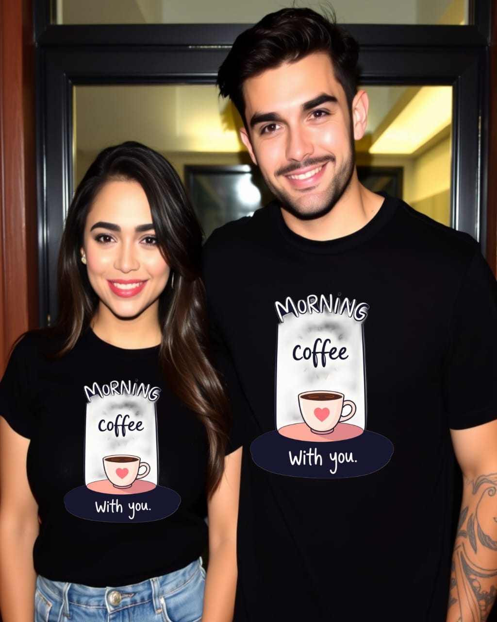 MORNING COFFEE  COUPLE Premium Regular Fit 180 GSM Biowash Unisex Round Neck T-Shirt (100% Cotton, DTF Print)