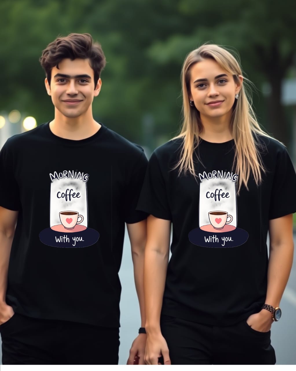 MORNING COFFEE  COUPLE Premium Regular Fit 180 GSM Biowash Unisex Round Neck T-Shirt (100% Cotton, DTF Print)